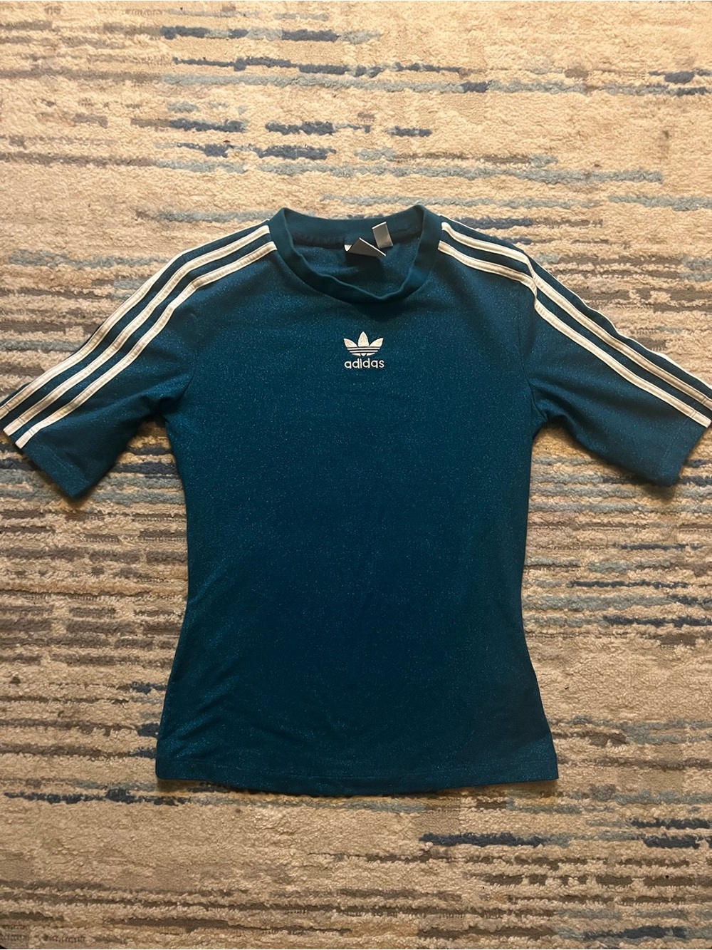 Adidas Originals Sparkly Teal Short-Sleeve Trefoil Tee with White Stripes